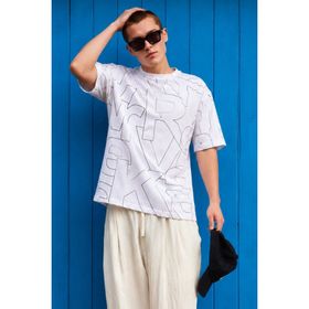 Madmext 6061 Beyaz Harf Desenli Bisiklet Yaka Erkek T-shirt