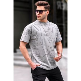 Madmext 6061 Harf Desenli Bisiklet Yaka Boyalı Gri Erkek T-shirt