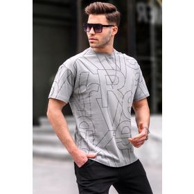 Madmext 6061 Harf Desenli Bisiklet Yaka Boyalı Gri Erkek T-shirt