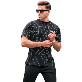 Madmext 6061 Siyah Harf Desenli Bisiklet Yaka Erkek T-shirt