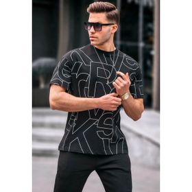 Madmext 6061 Siyah Harf Desenli Bisiklet Yaka Erkek T-shirt