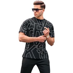 Madmext 6061 Siyah Harf Desenli Bisiklet Yaka Erkek T-shirt