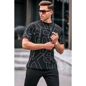 Madmext 6061 Siyah Harf Desenli Bisiklet Yaka Erkek T-shirt