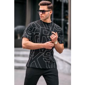 Madmext 6061 Siyah Harf Desenli Bisiklet Yaka Erkek T-shirt