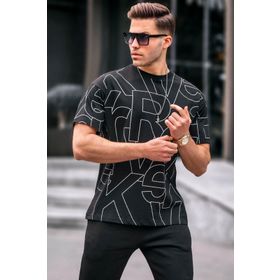 Madmext 6061 Siyah Harf Desenli Bisiklet Yaka Erkek T-shirt