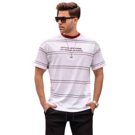 Madmext 6063 Bej Bisiklet Yaka Çizgili Erkek T-shirt