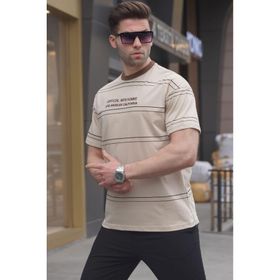 Madmext 6063 Bej Bisiklet Yaka Çizgili Erkek T-shirt