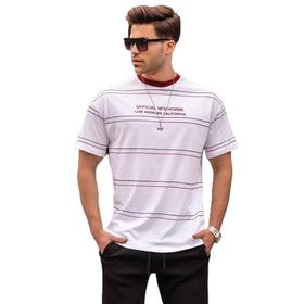 Madmext 6063 Beyaz Bisiklet Yaka Çizgili Erkek T-shirt