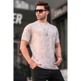 Madmext 6070 Bej Desenli Bisiklet Yaka Erkek T-shirt