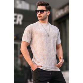 Madmext 6070 Bej Desenli Bisiklet Yaka Erkek T-shirt