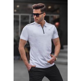 Madmext 6076 Basic Fermuarlı Polo Beyaz Erkek T-shirt
