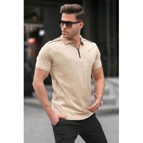 Madmext 6076 Bej Basic Fermuarlı Polo Erkek T-shirt