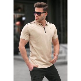 Madmext 6076 Bej Basic Fermuarlı Polo Erkek T-shirt
