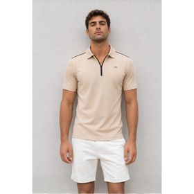 Madmext 6076 Bej Basic Fermuarlı Polo Erkek T-shirt