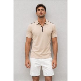 Madmext 6076 Bej Basic Fermuarlı Polo Erkek T-shirt