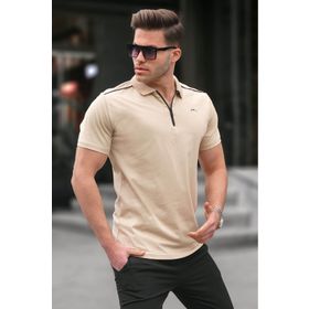 Madmext 6076 Bej Basic Fermuarlı Polo Erkek T-shirt