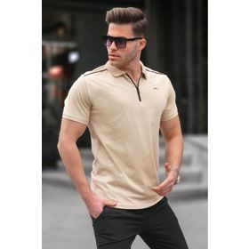 Madmext 6076 Bej Basic Fermuarlı Polo Erkek T-shirt