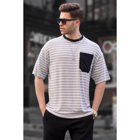 Madmext 6084 Gri Çizgili Basic Erkek T-shirt