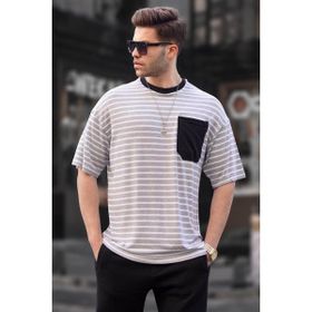 Madmext 6084 Gri Çizgili Basic Erkek T-shirt