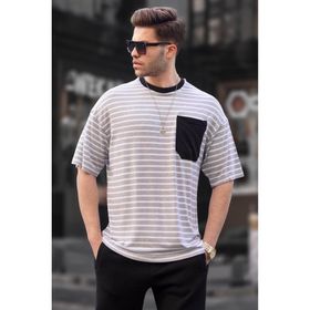 Madmext 6084 Gri Çizgili Basic Erkek T-shirt