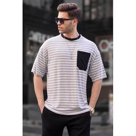 Madmext 6084 Gri Çizgili Basic Erkek T-shirt