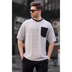 Madmext 6084 Gri Çizgili Basic Erkek T-shirt