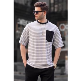 Madmext 6084 Gri Çizgili Basic Erkek T-shirt