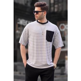 Madmext 6084 Gri Çizgili Basic Erkek T-shirt