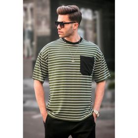 Madmext 6084 Haki Çizgili Basic Erkek T-shirt