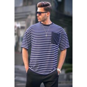 Madmext 6084 Lacivert Çizgili Basic Erkek T-shirt