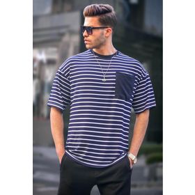 Madmext 6084 Lacivert Çizgili Basic Erkek T-shirt
