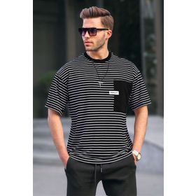 Madmext 6085 Siyah Çizgili Yamalı Erkek T-shirt