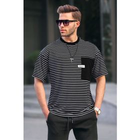 Madmext 6085 Siyah Çizgili Yamalı Erkek T-shirt