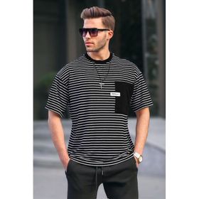 Madmext 6085 Siyah Çizgili Yamalı Erkek T-shirt