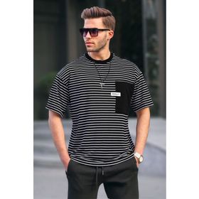 Madmext 6085 Siyah Çizgili Yamalı Erkek T-shirt
