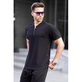 Madmext 6086 Siyah Fermuar Yaka Erkek T-shirt