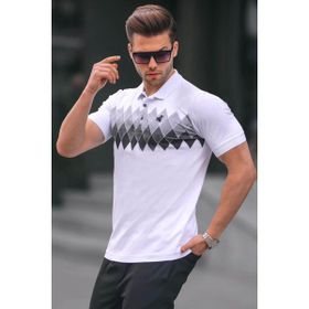 Madmext 6106 Beyaz Desenli Polo Yaka Erkek T-shirt
