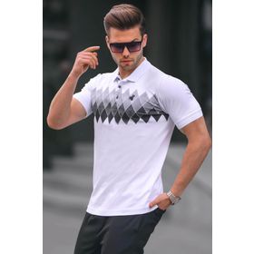 Madmext 6106 Beyaz Desenli Polo Yaka Erkek T-shirt