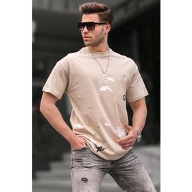 Madmext 6115 Bisiklet Yaka Regular Fit Bej Desenli Erkek T-shirt