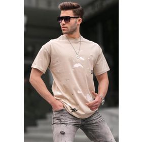 Madmext 6115 Bisiklet Yaka Regular Fit Bej Desenli Erkek T-shirt