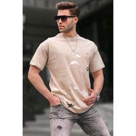 Madmext 6115 Bisiklet Yaka Regular Fit Bej Desenli Erkek T-shirt