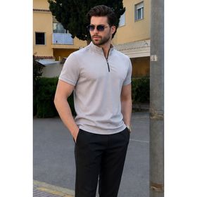 Madmext 6120 Gri Fermuar Yaka Erkek T-shirt
