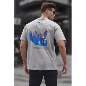 Madmext 6121 Boyalı Gri Sırt Baskılı Regular fit Erkek T-shirt