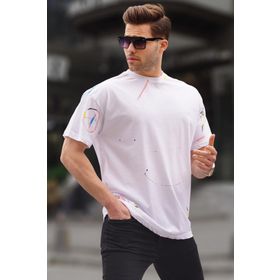 Madmext 6122 Beyaz Desenli Overfit Erkek T-shirt