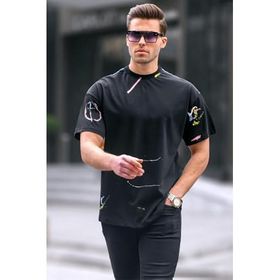 Madmext 6122 Siyah Desenli Overfit Erkek T-shirt