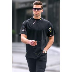 Madmext 6122 Siyah Desenli Overfit Erkek T-shirt