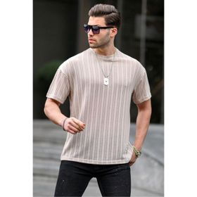 Madmext 6179 Bej Oversize Bisiklet Yaka Erkek T-shirt
