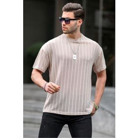 Madmext 6179 Bej Oversize Bisiklet Yaka Erkek T-shirt