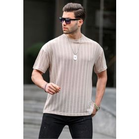 Madmext 6179 Bej Oversize Bisiklet Yaka Erkek T-shirt