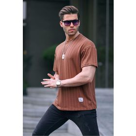 Madmext 6179 Kahverengi Oversize Bisiklet Yaka Erkek T-shirt
